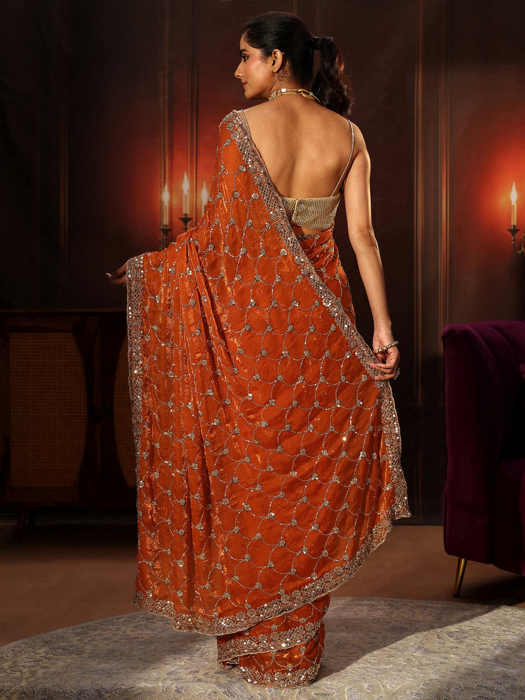 Libas Art Orange Embellished Tissue Saree