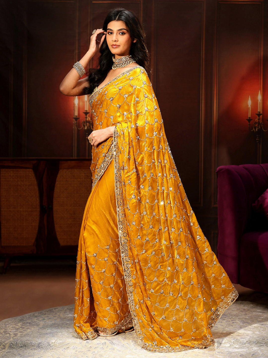 Libas Art Mustard Embellished Tissue Saree