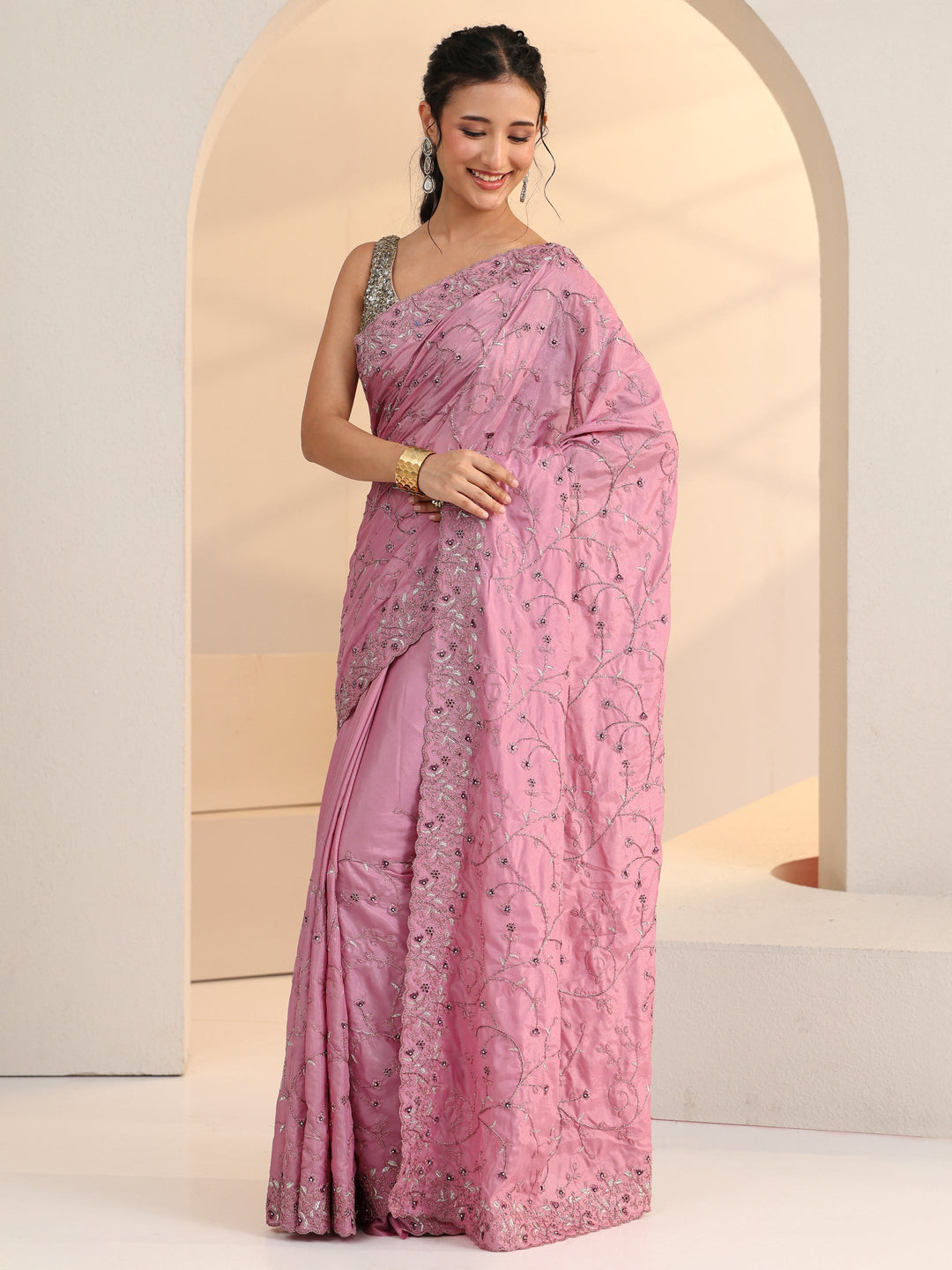 Libas Dusty Rose Pink Floral Embroidered Satin Saree