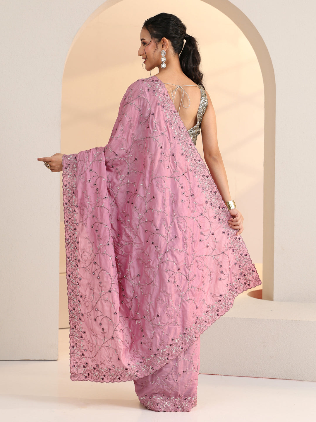 Libas Dusty Rose Pink Floral Embroidered Satin Saree