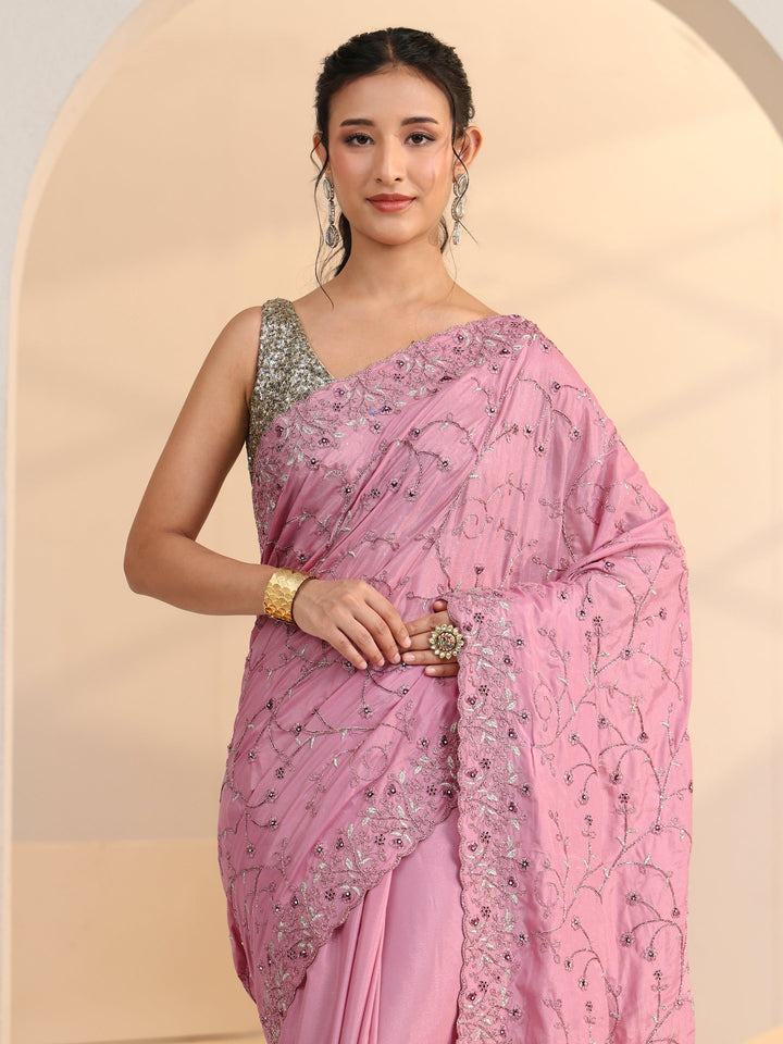 Libas Dusty Rose Pink Floral Embroidered Satin Saree