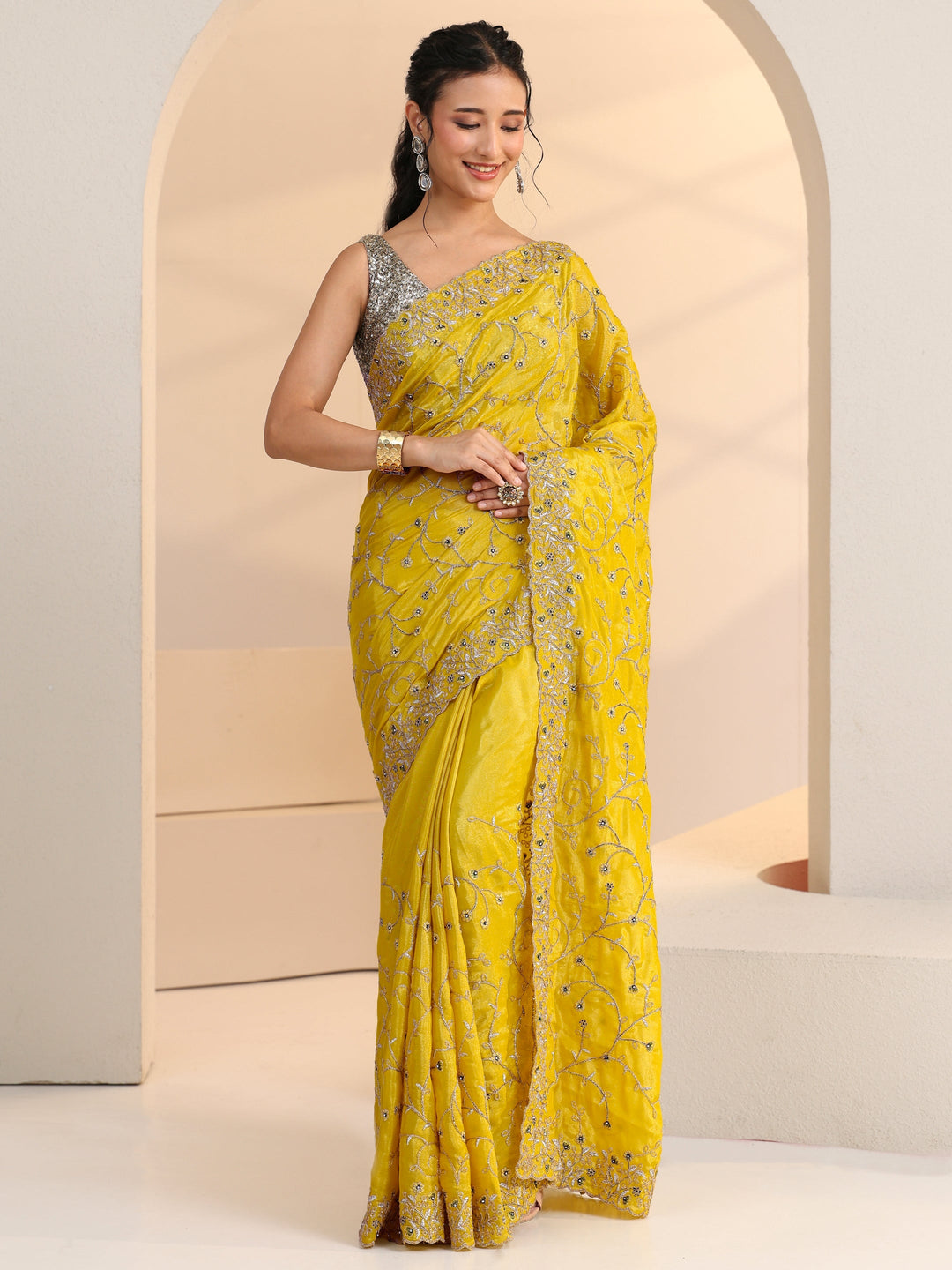 Libas Mustard Floral Embroidered Satin Saree