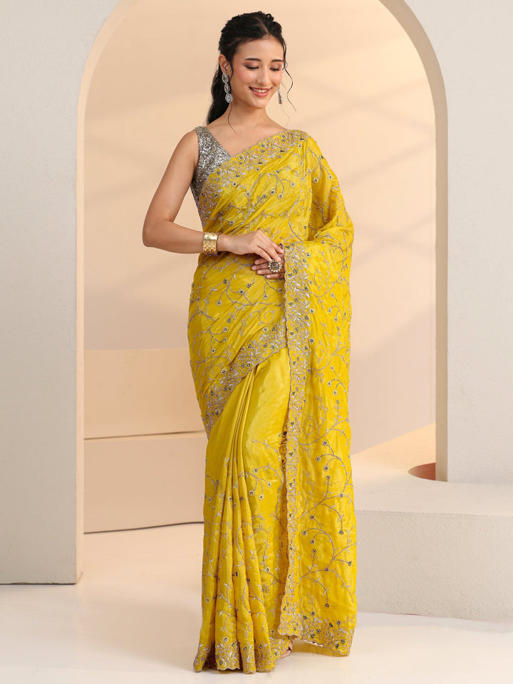 Libas Mustard Floral Embroidered Satin Saree
