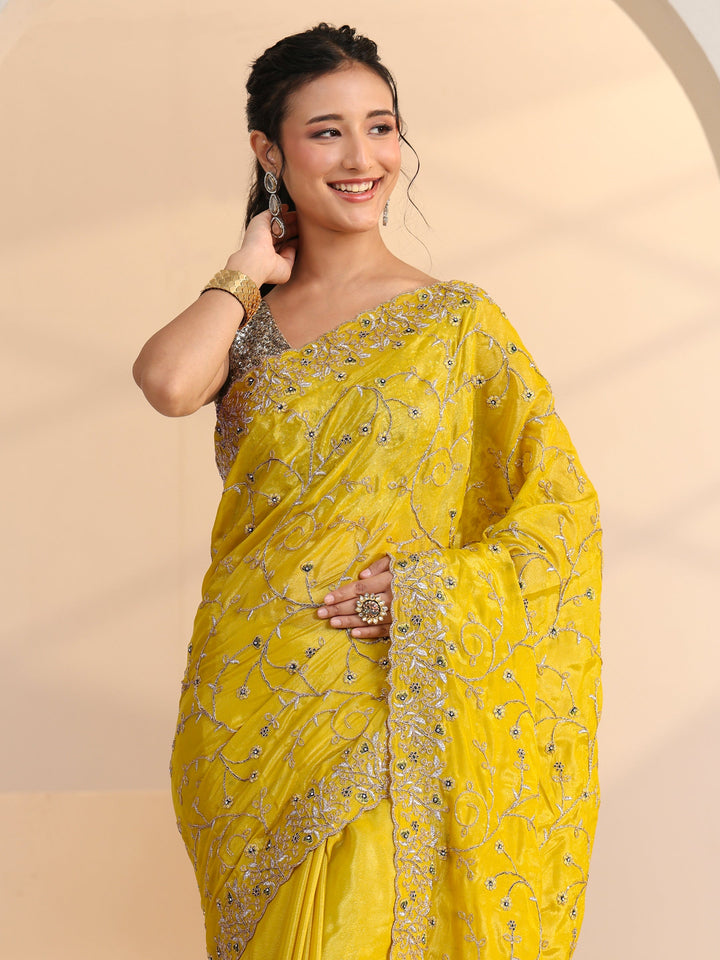 Libas Mustard Floral Embroidered Satin Saree
