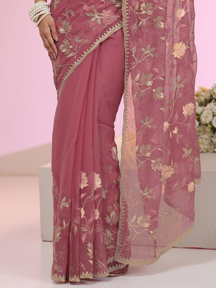 Libas Dusty Rose Pink Floral Embroidered Chiffon Saree