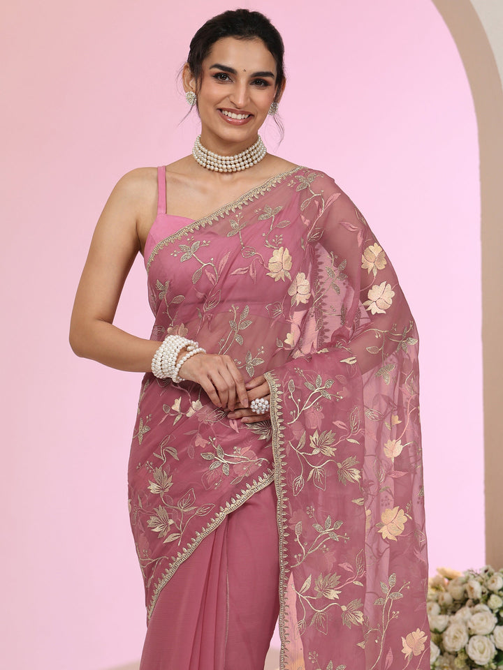 Libas Dusty Rose Pink Floral Embroidered Chiffon Saree