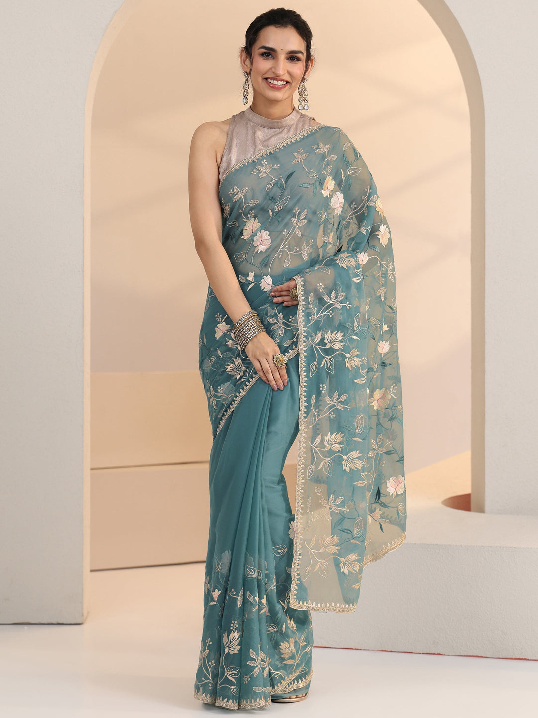 Libas Dusty Blue Floral Embroidered Chiffon Saree