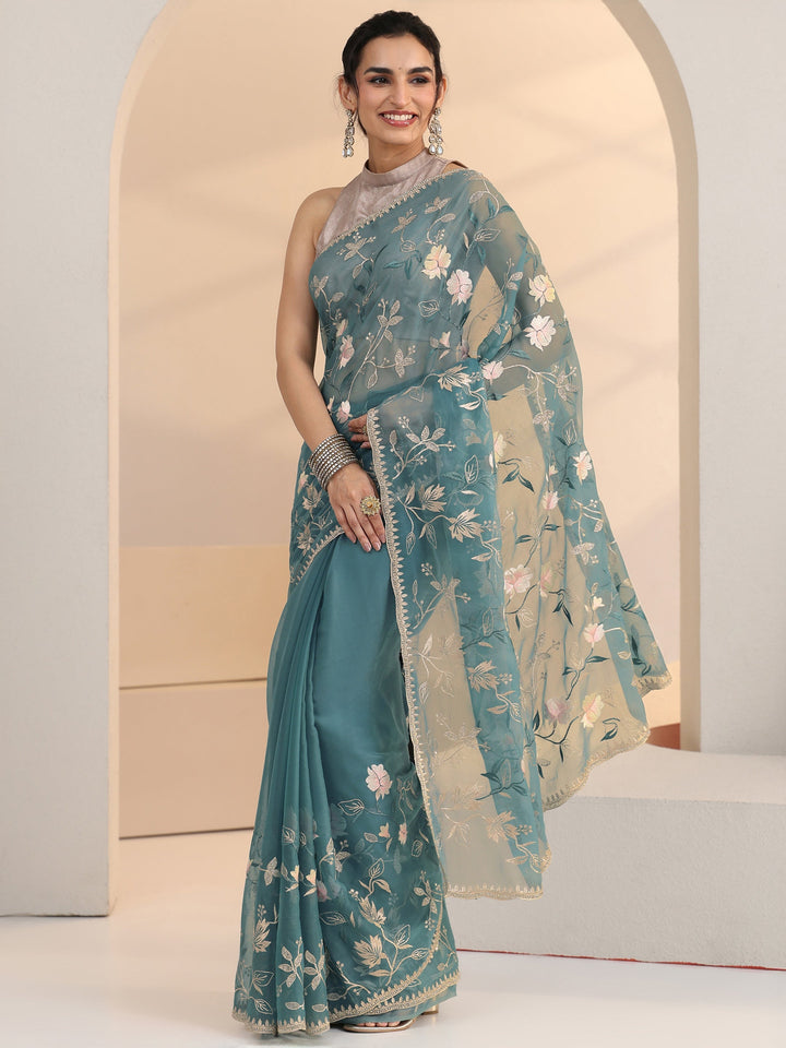 Libas Dusty Blue Floral Embroidered Chiffon Saree