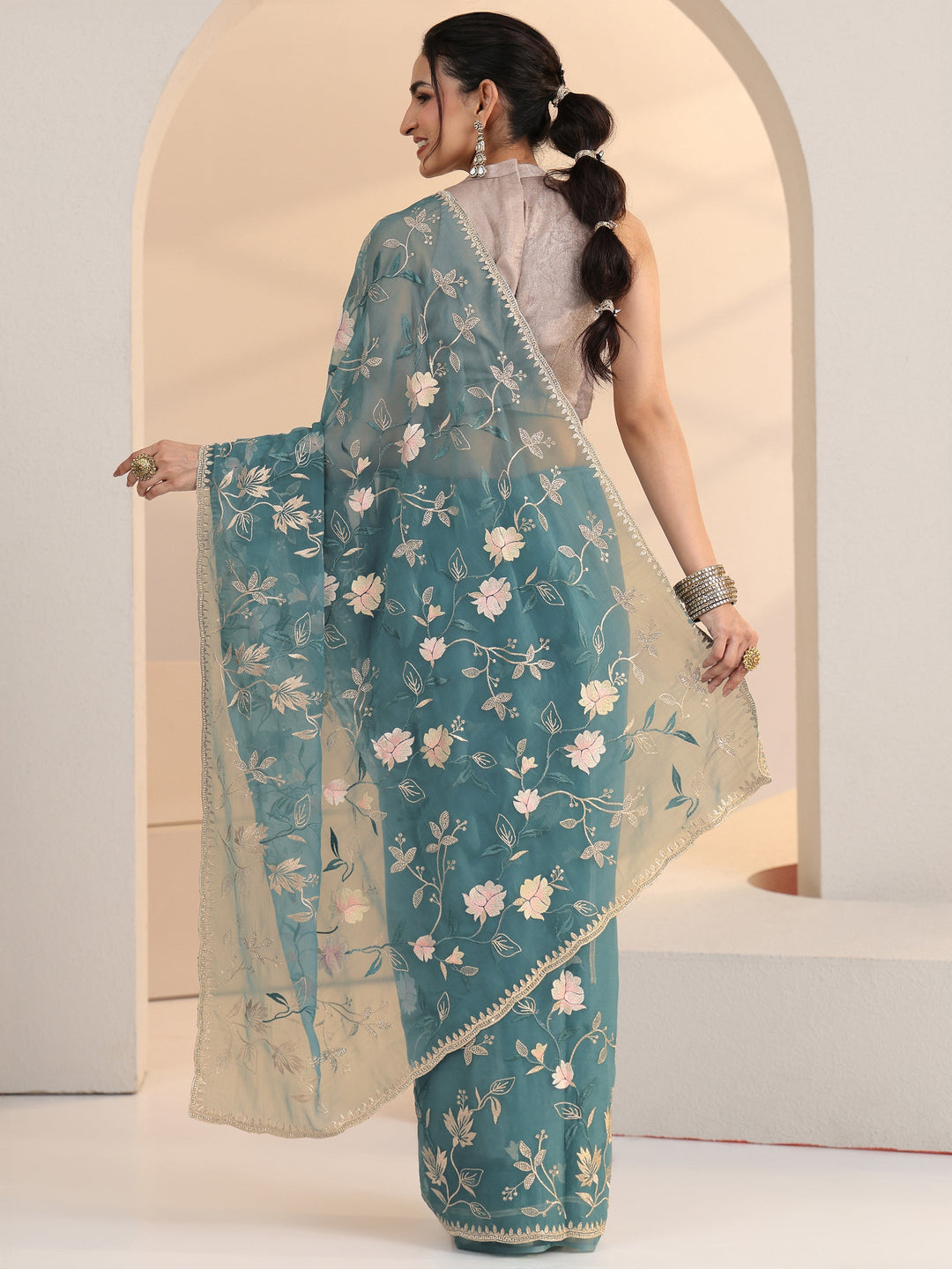 Libas Dusty Blue Floral Embroidered Chiffon Saree