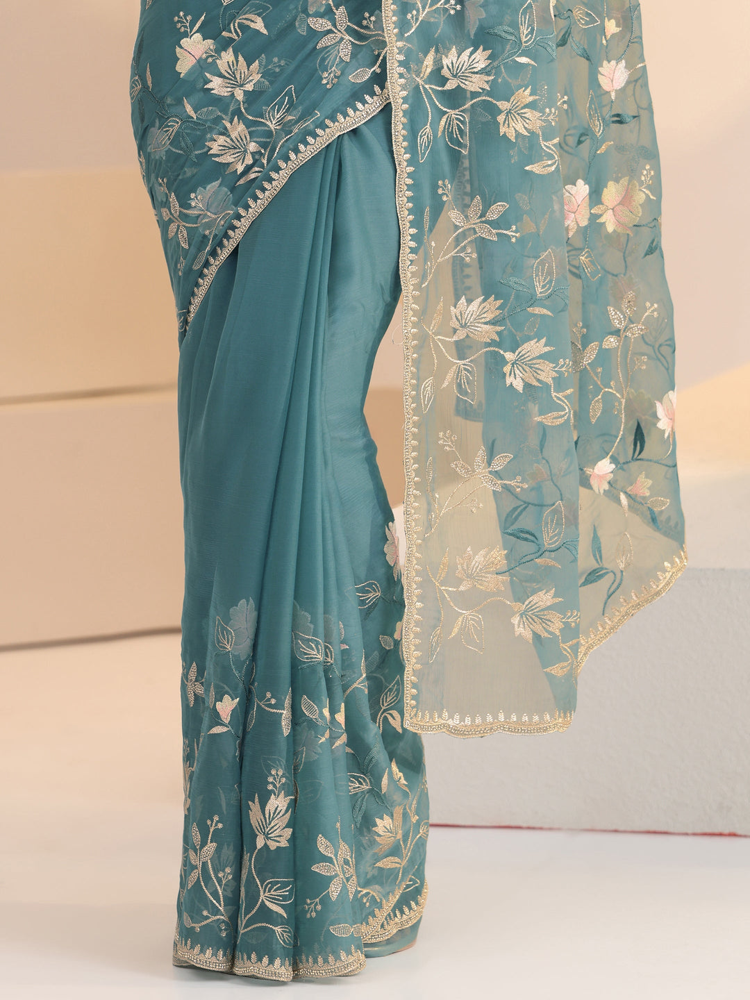 Libas Dusty Blue Floral Embroidered Chiffon Saree