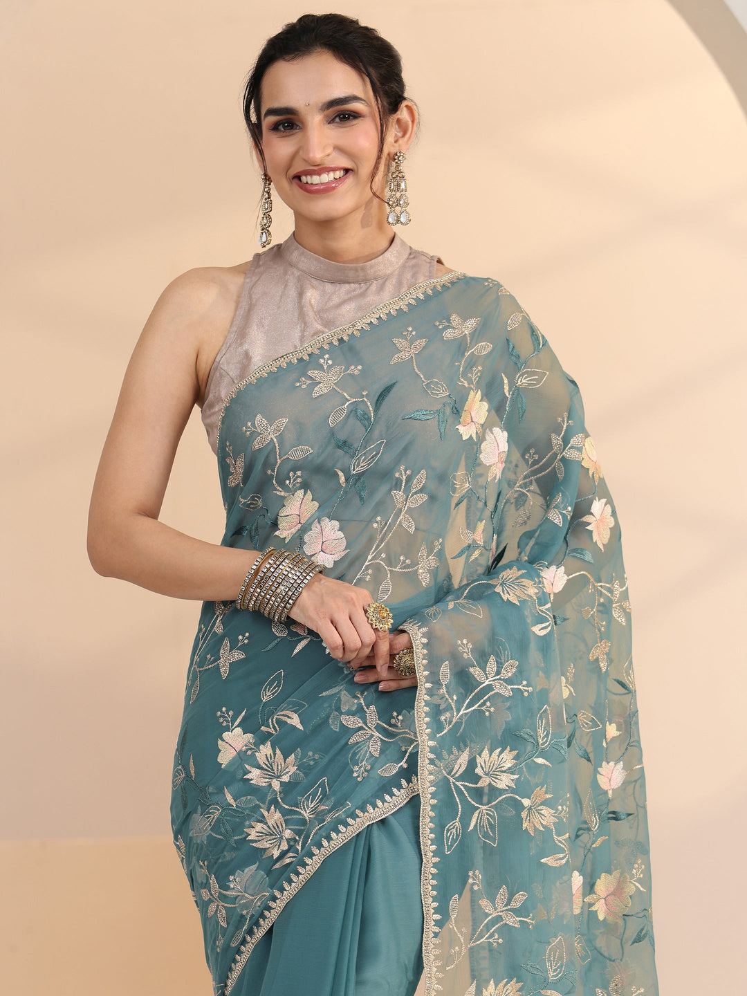 Libas Dusty Blue Floral Embroidered Chiffon Saree