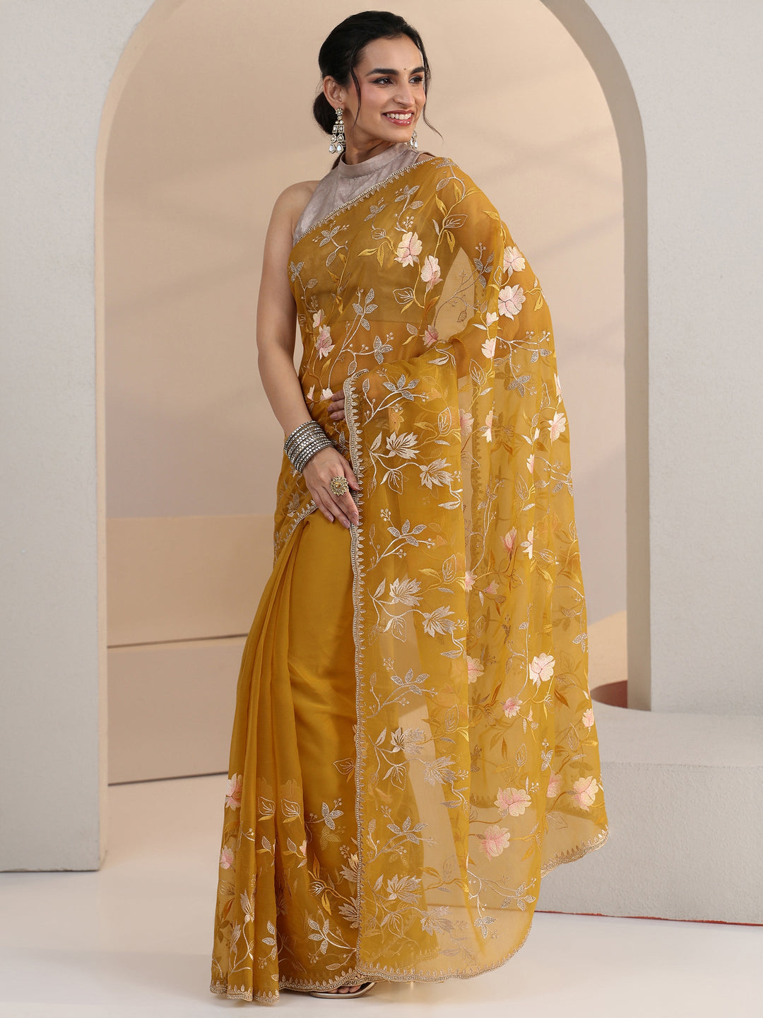 Libas Mustard Floral Embroidered Chiffon Saree