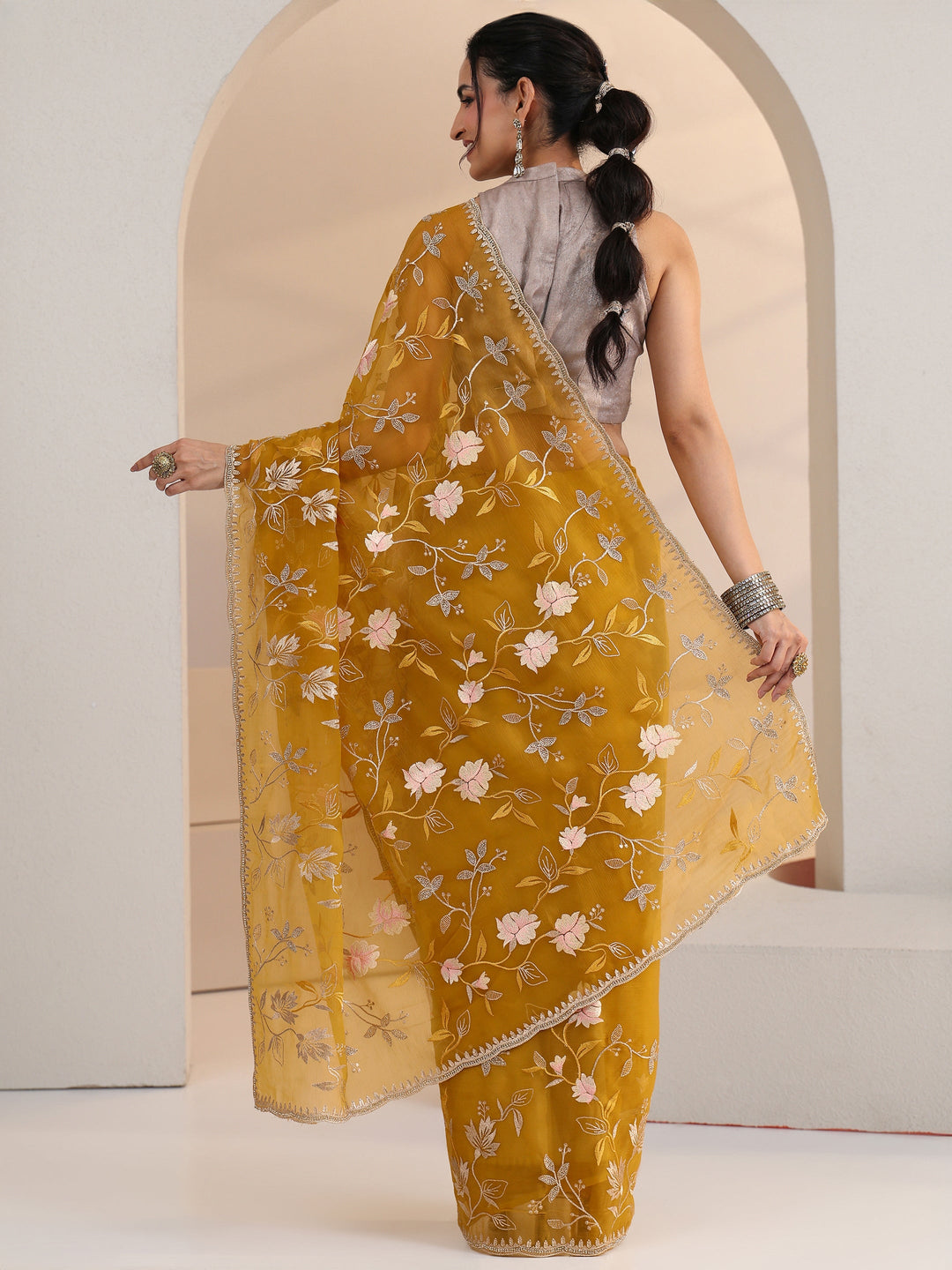 Libas Mustard Floral Embroidered Chiffon Saree