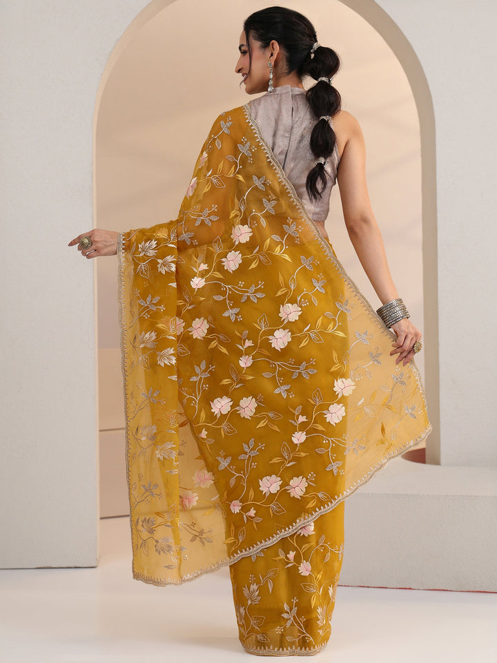 Libas Mustard Floral Embroidered Chiffon Saree