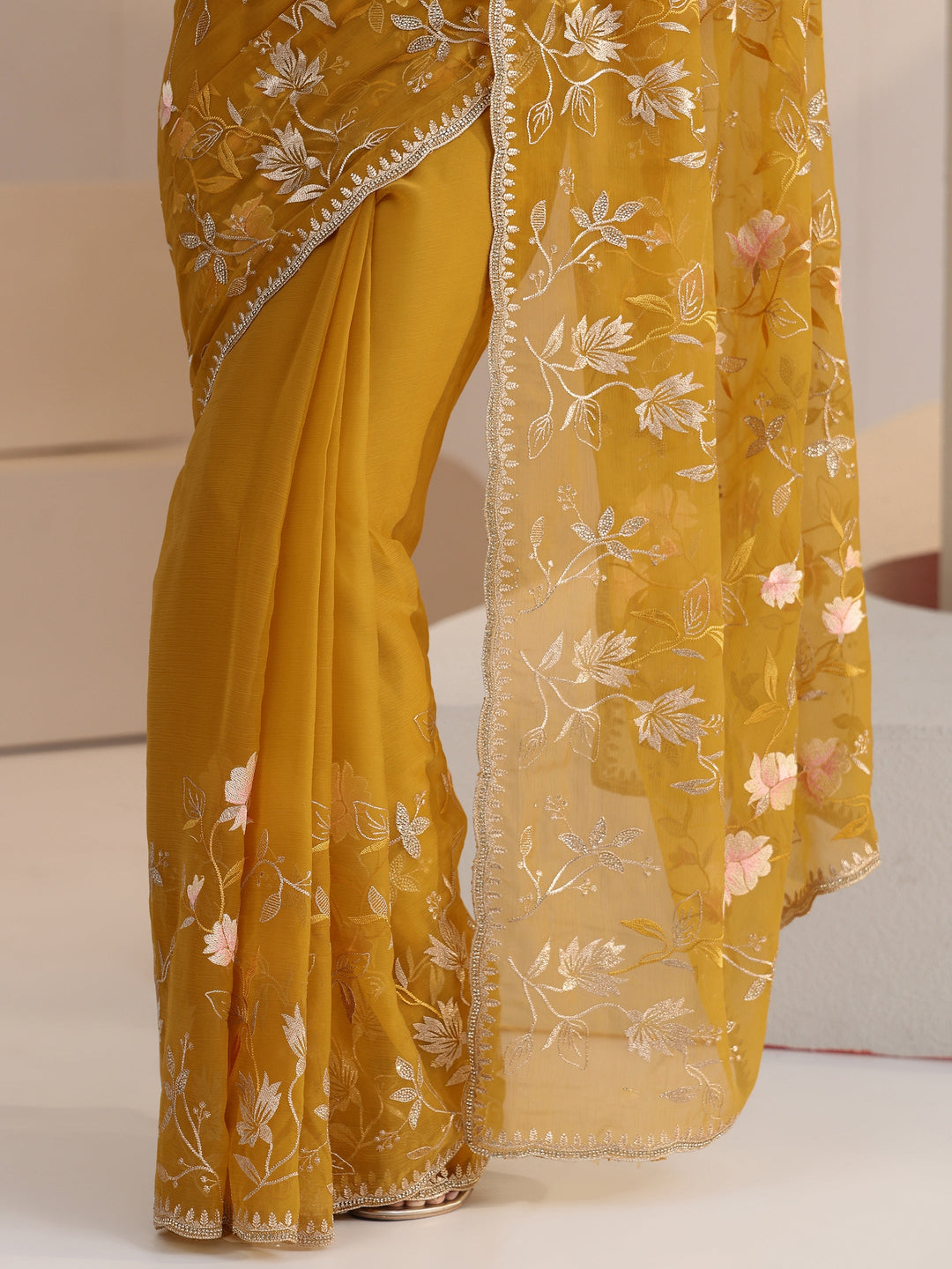 Libas Mustard Floral Embroidered Chiffon Saree