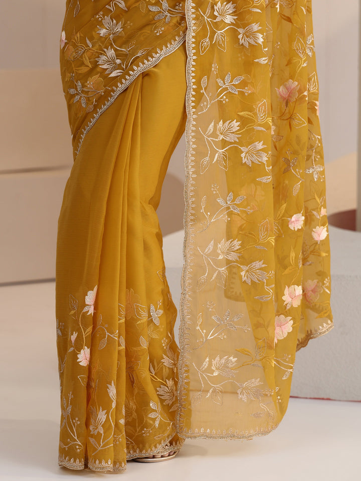Libas Mustard Floral Embroidered Chiffon Saree