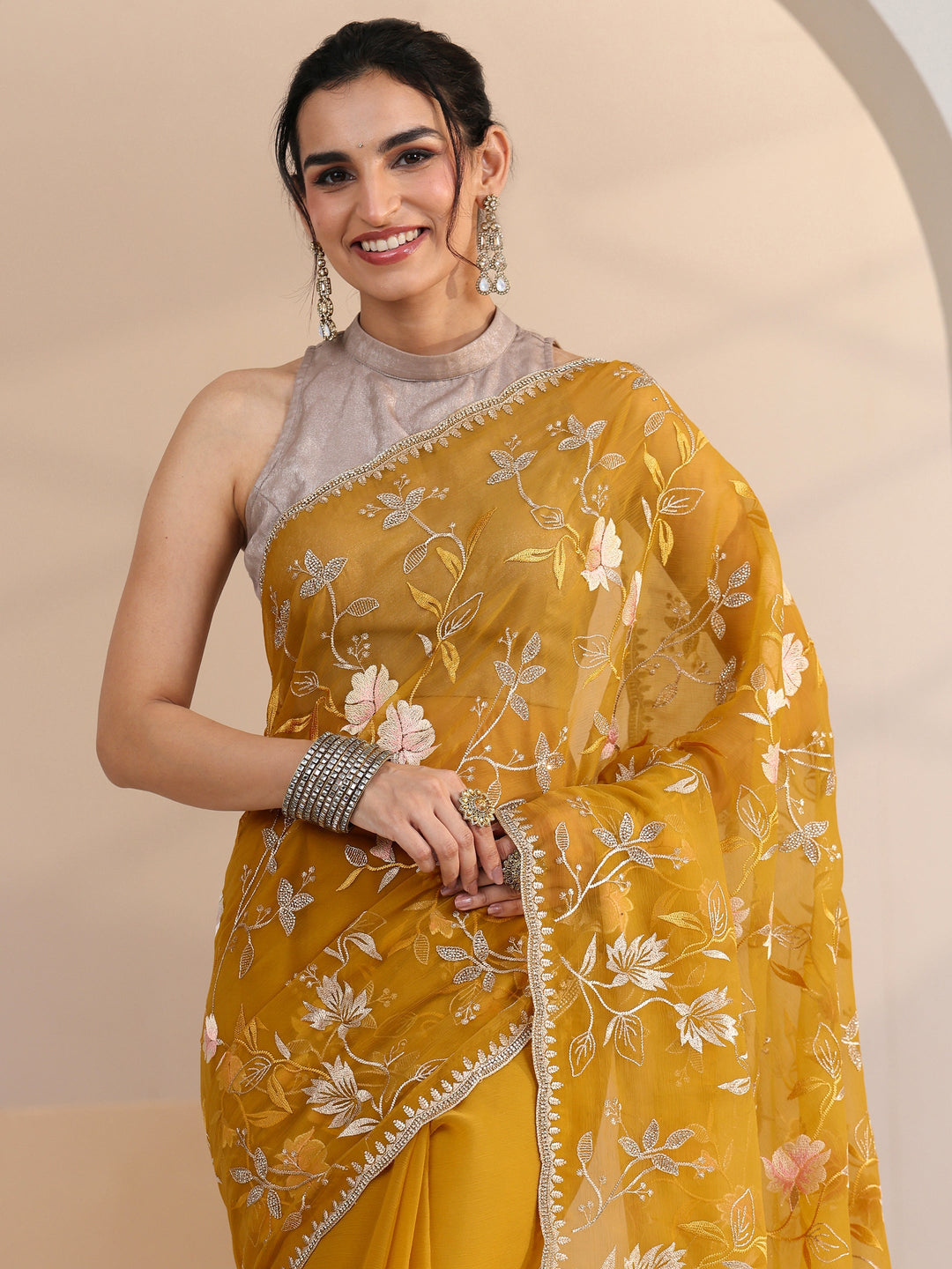 Libas Mustard Floral Embroidered Chiffon Saree