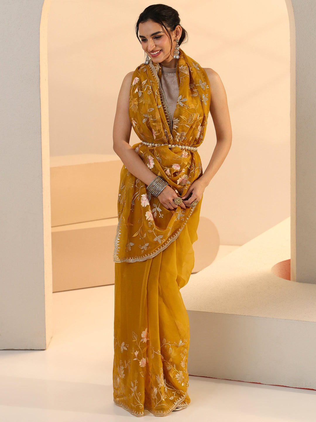 Libas Mustard Floral Embroidered Chiffon Saree