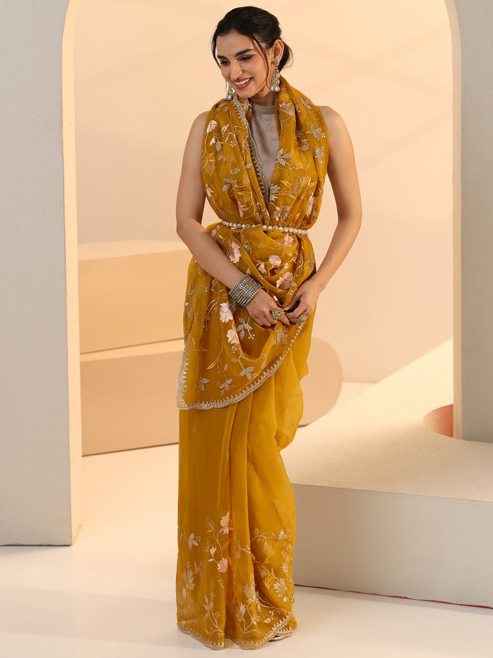 Libas Mustard Floral Embroidered Chiffon Saree