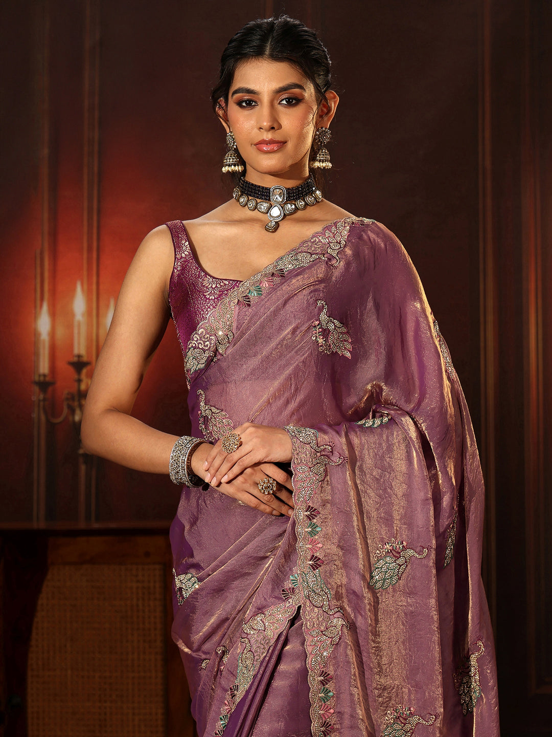 Libas Lavender Peacock Embellished Tissue Saree