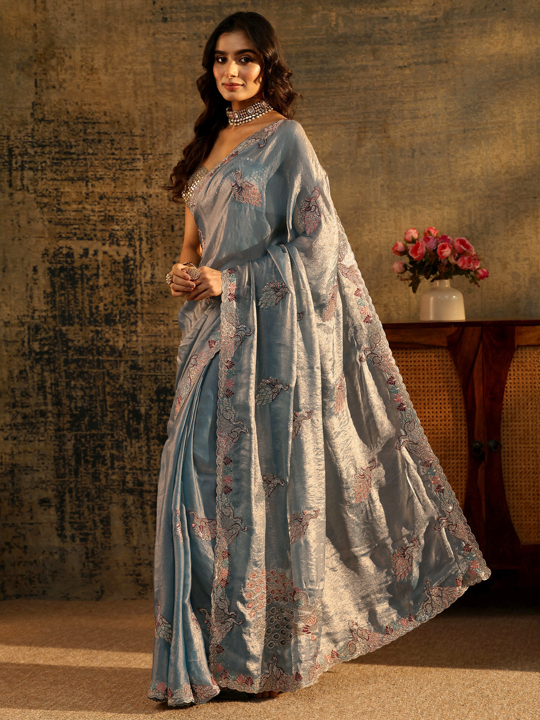 Libas Dusty Blue Peacock Embellished Tissue Saree