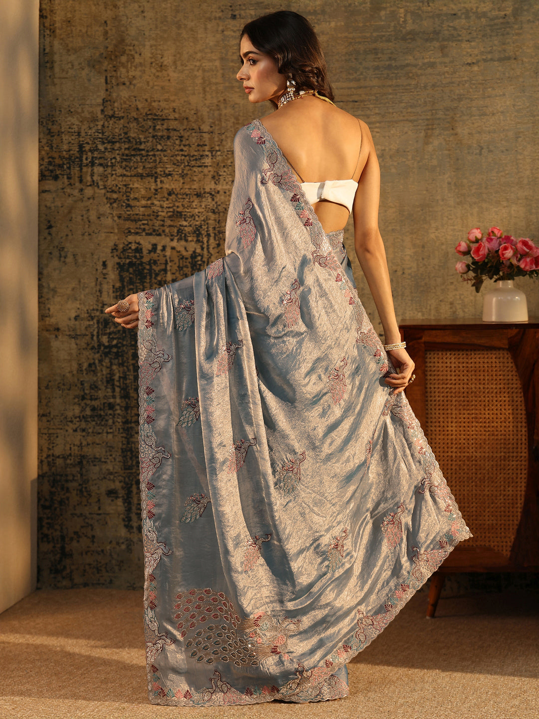 Libas Dusty Blue Peacock Embellished Tissue Saree