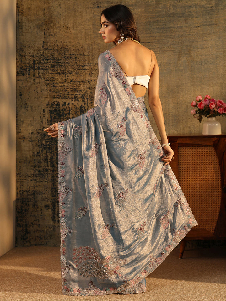 Libas Dusty Blue Peacock Embellished Tissue Saree