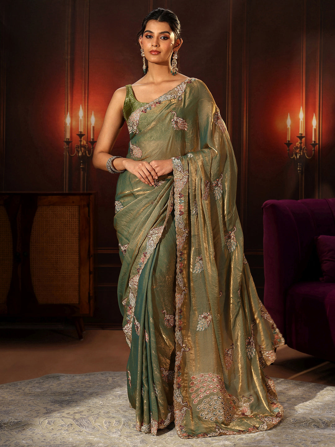 Libas Sage Green Peacock Embellished Tissue Saree