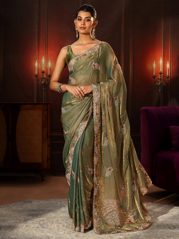 Libas Sage Green Peacock Embellished Tissue Saree