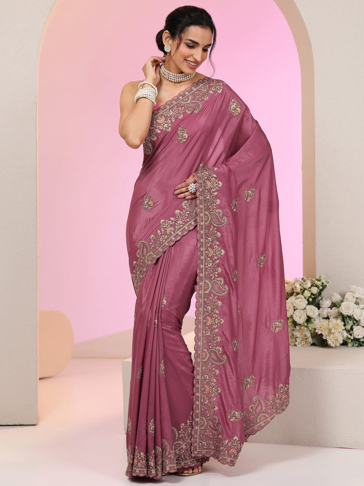 Libas Mauve Embroidered Satin Saree
