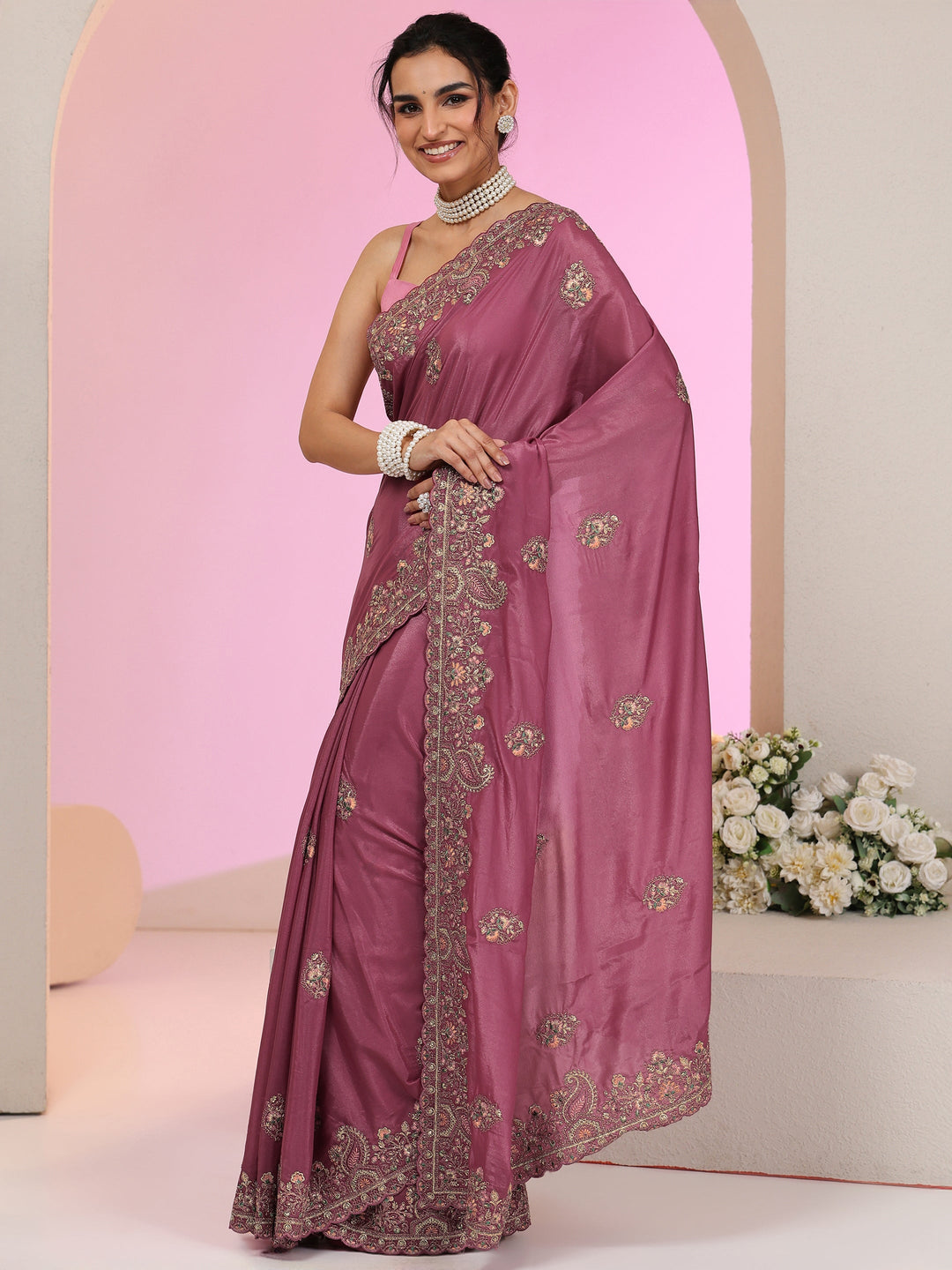 Libas Mauve Embroidered Satin Saree