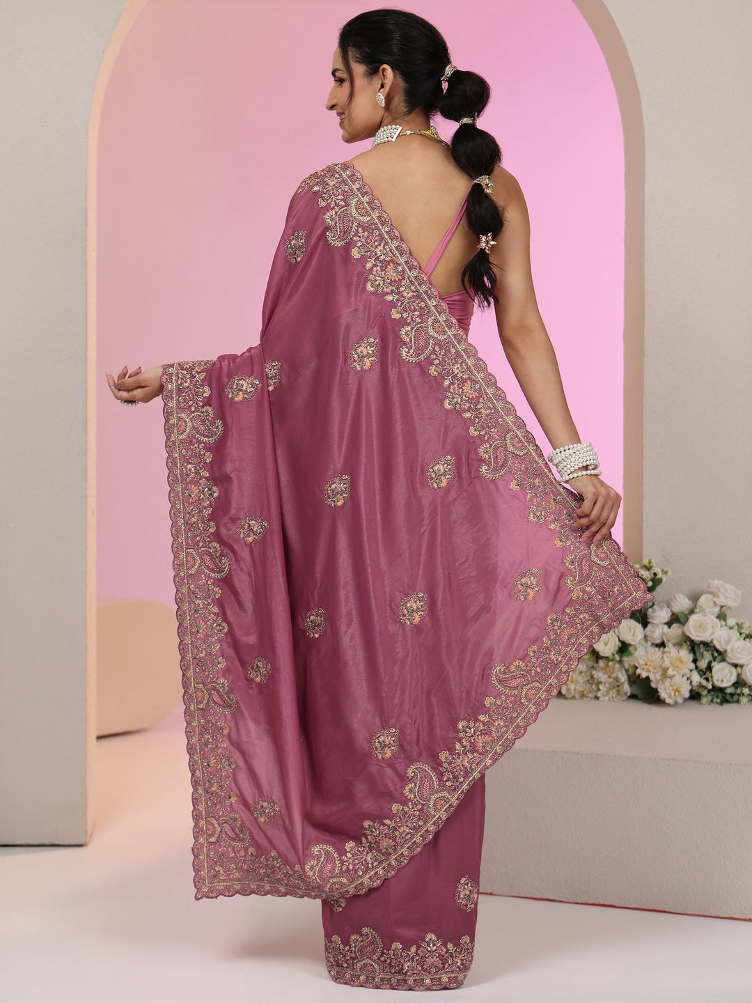 Libas Mauve Embroidered Satin Saree