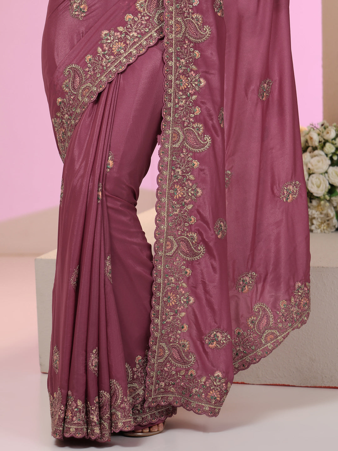 Libas Mauve Embroidered Satin Saree