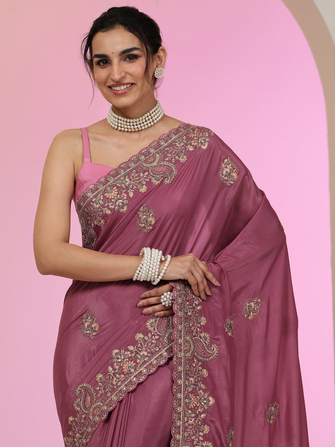 Libas Mauve Embroidered Satin Saree