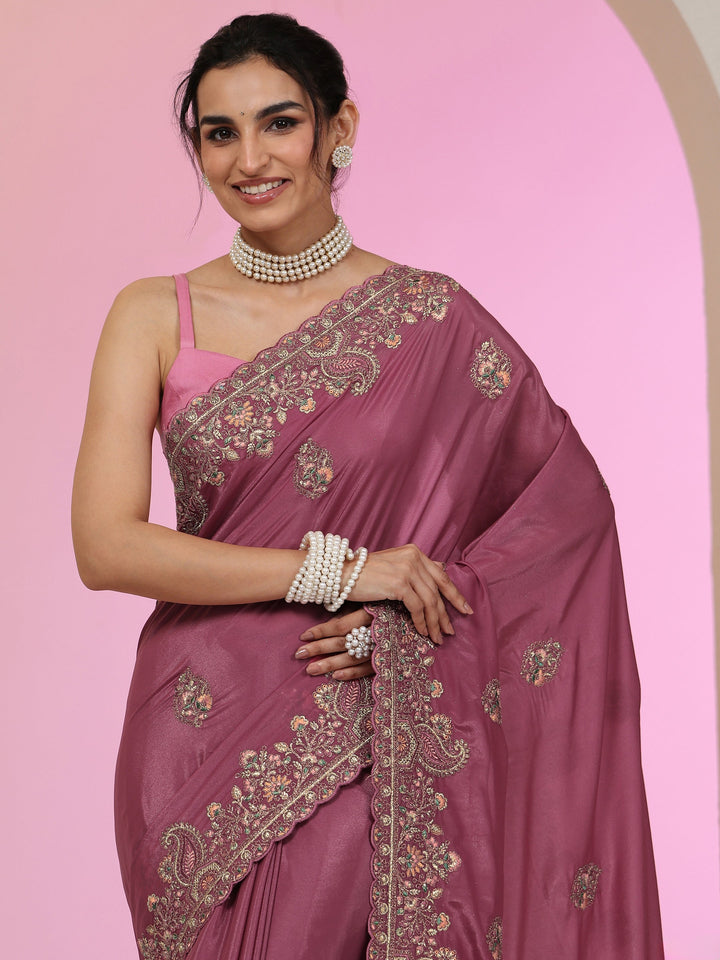 Libas Mauve Embroidered Satin Saree