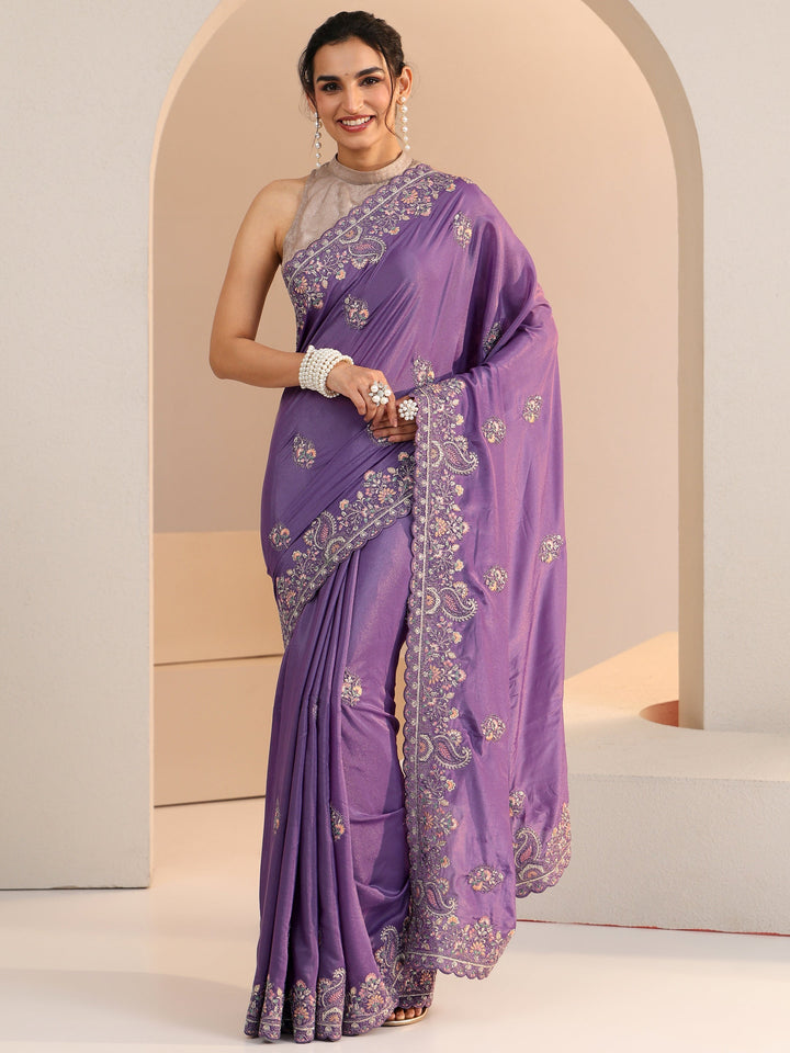 Libas Purple Embroidered Satin Saree