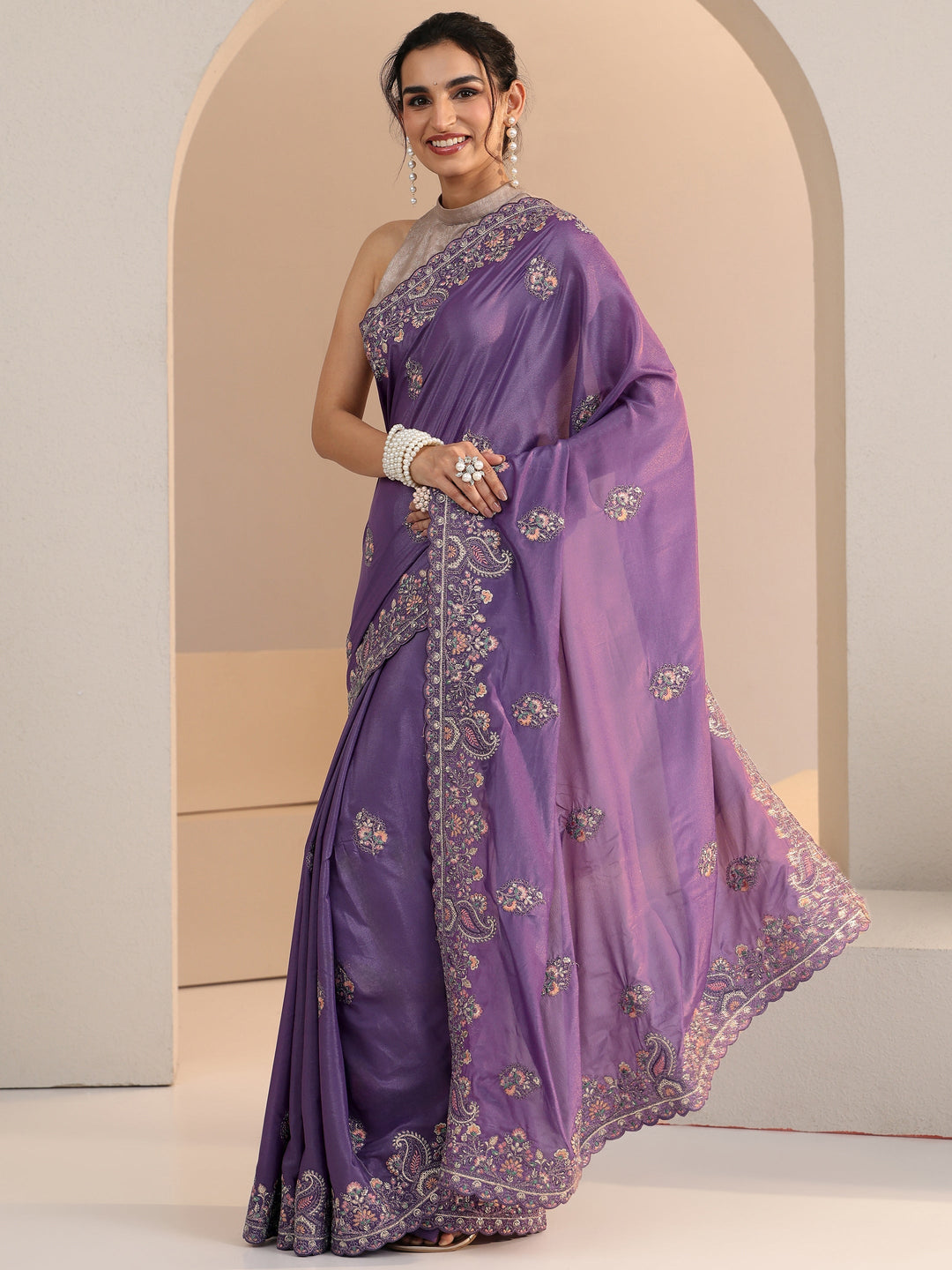 Libas Purple Embroidered Satin Saree
