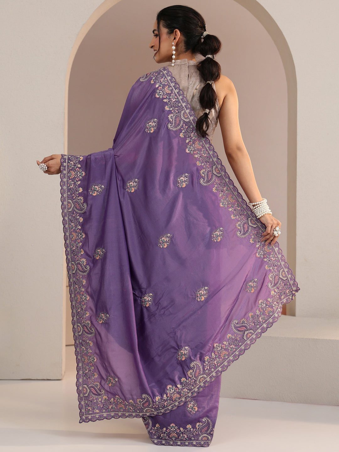 Libas Purple Embroidered Satin Saree