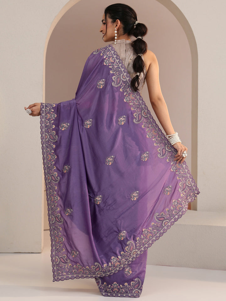 Libas Purple Embroidered Satin Saree