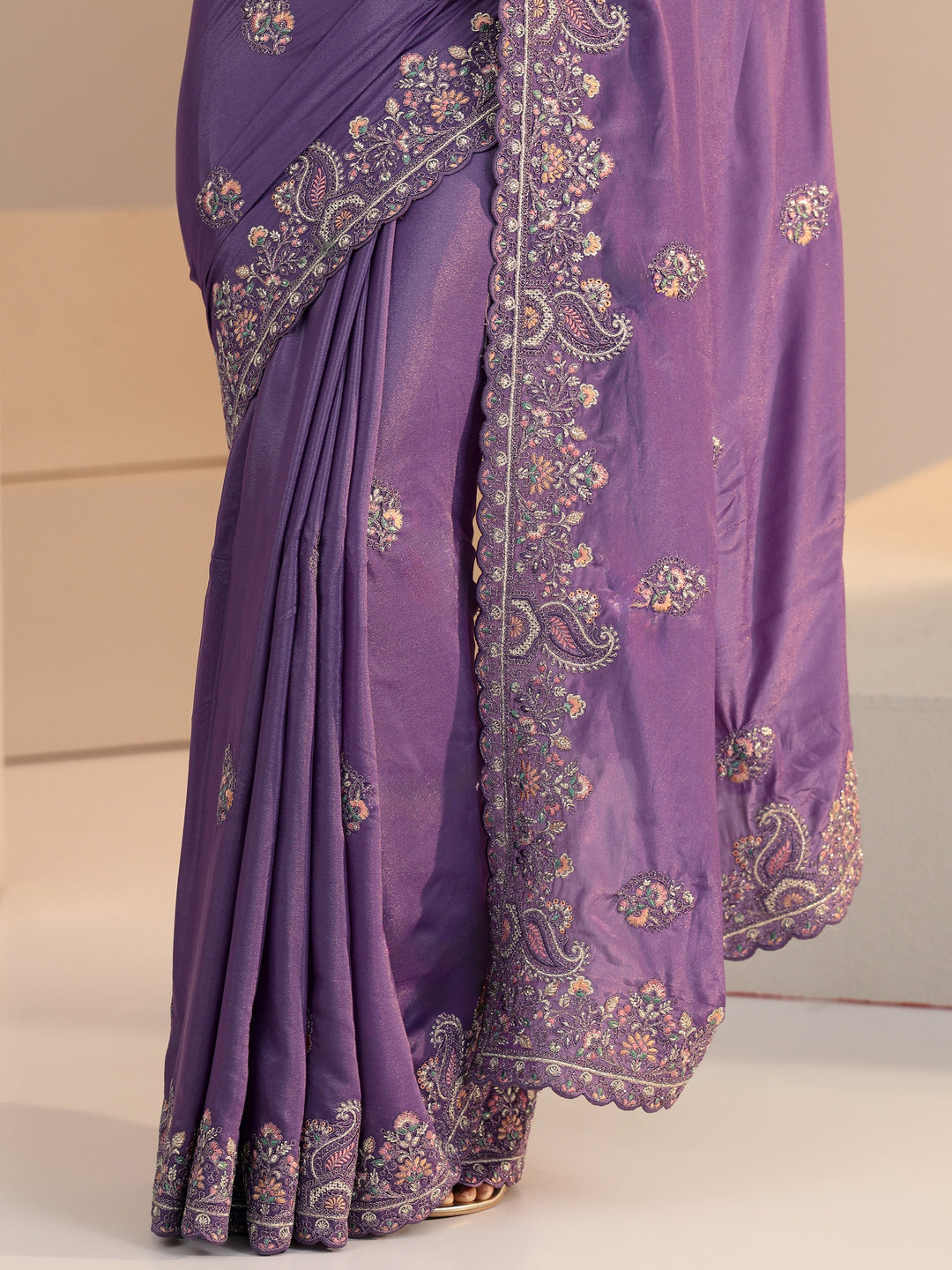 Libas Purple Embroidered Satin Saree