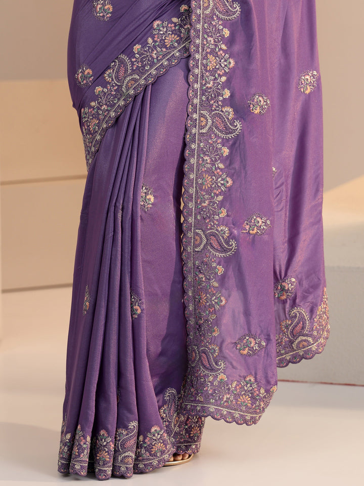 Libas Purple Embroidered Satin Saree