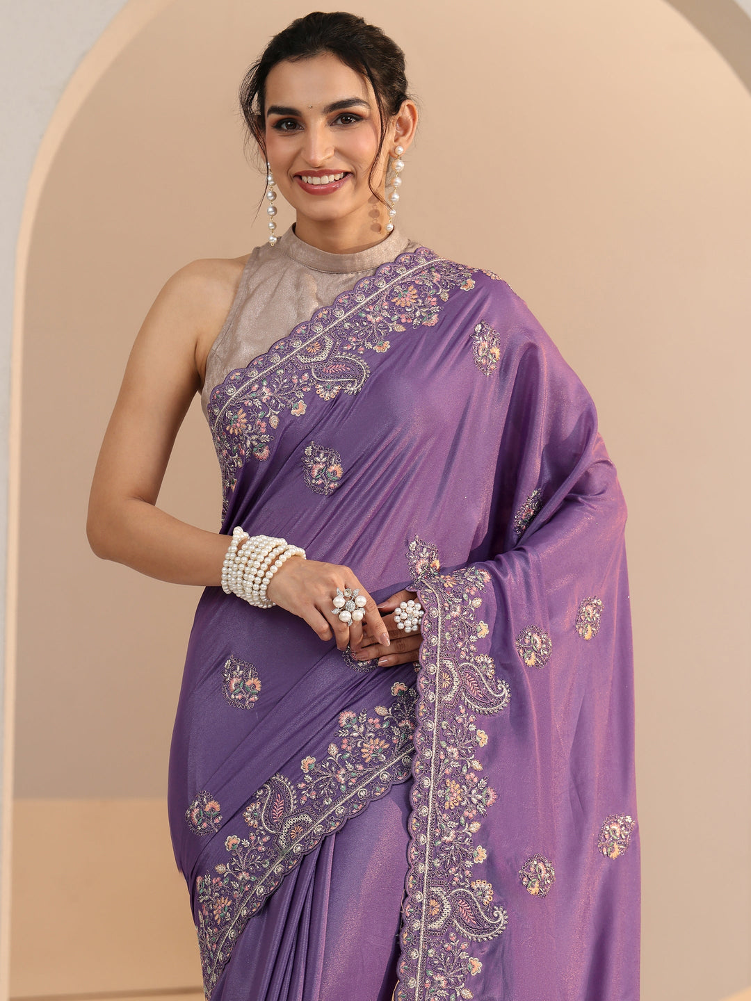 Libas Purple Embroidered Satin Saree