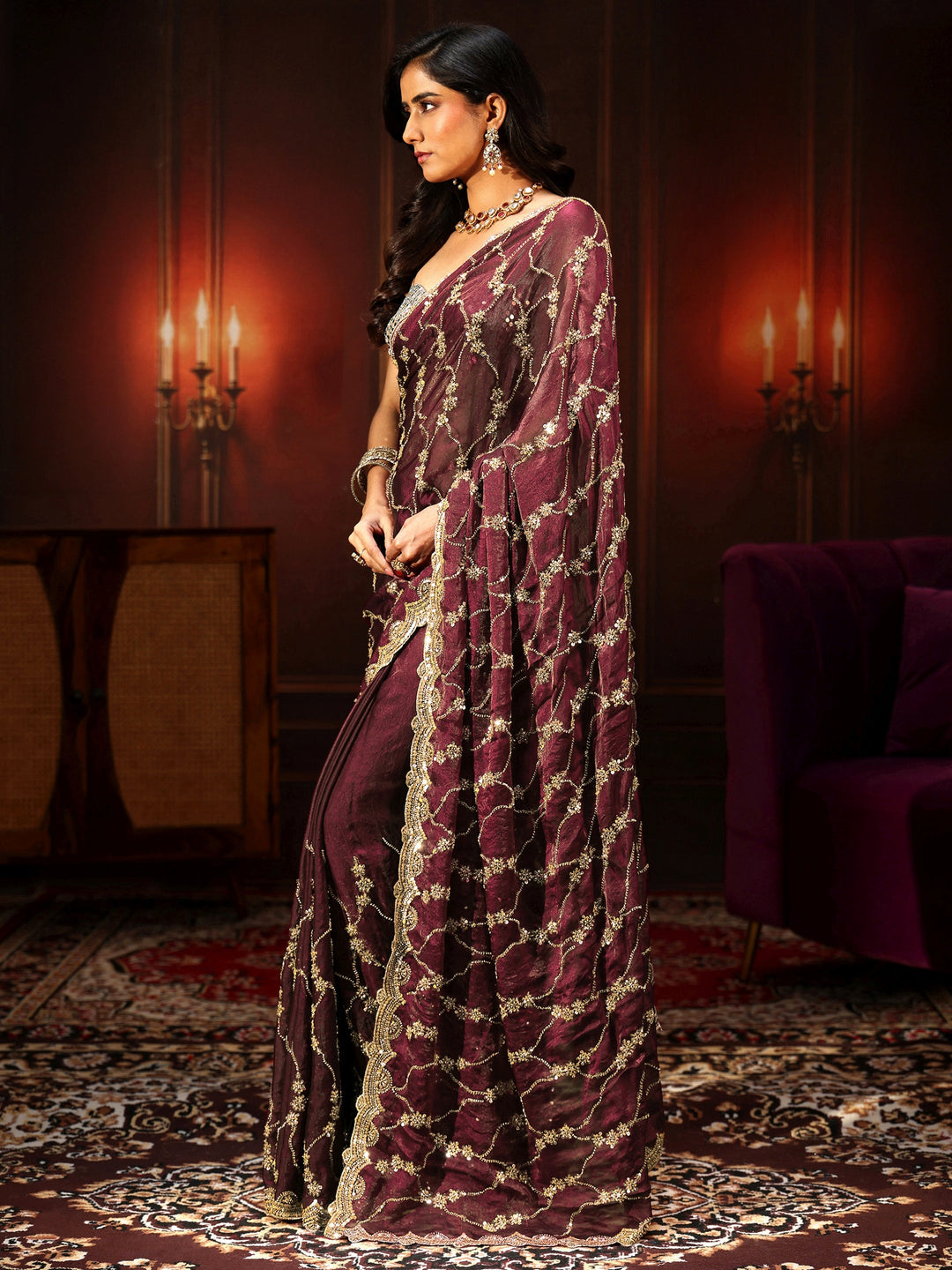 Libas Art Maroon Embellished Tissue Saree