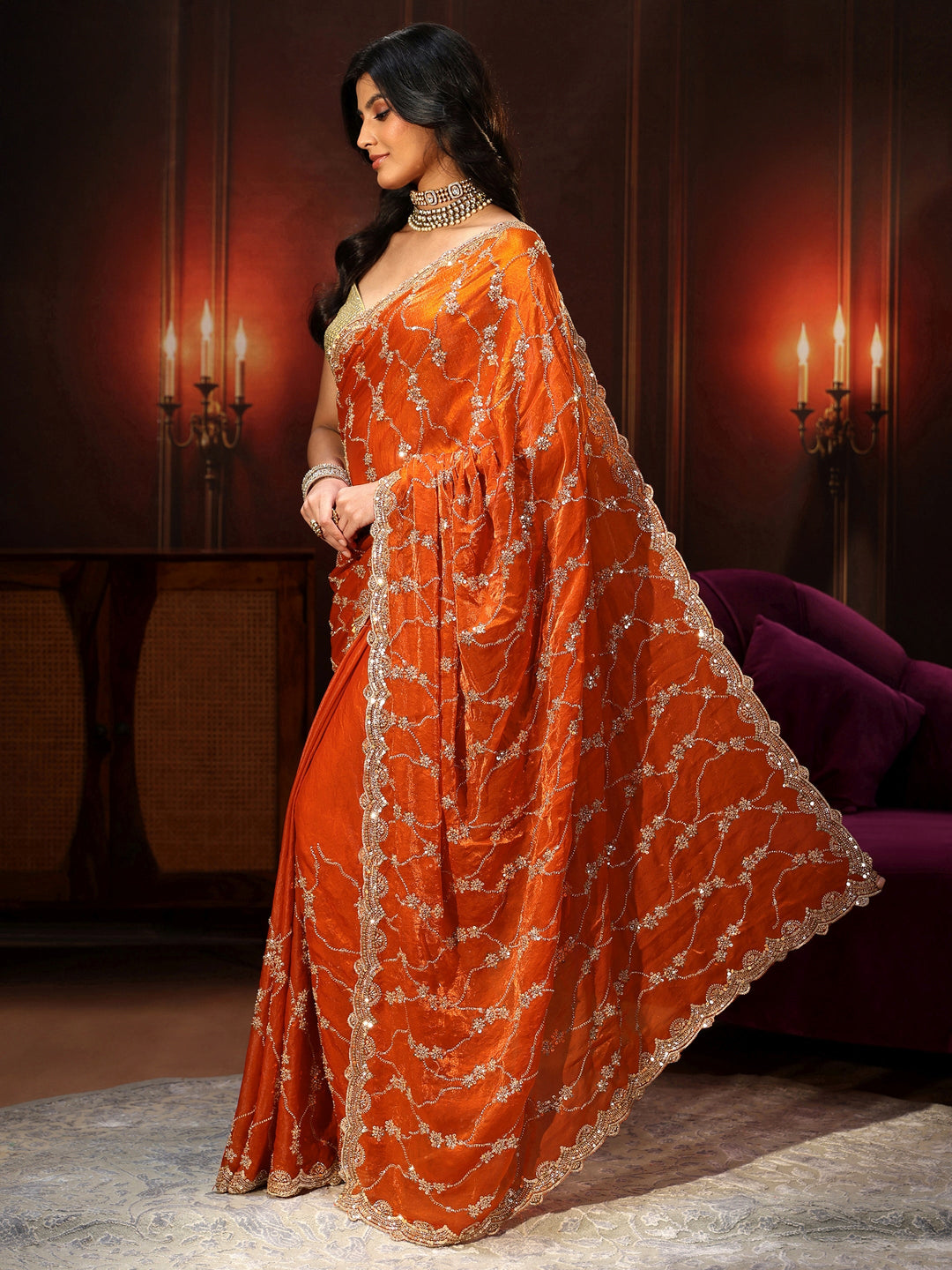 Libas Art Orange Embellished Tissue Saree