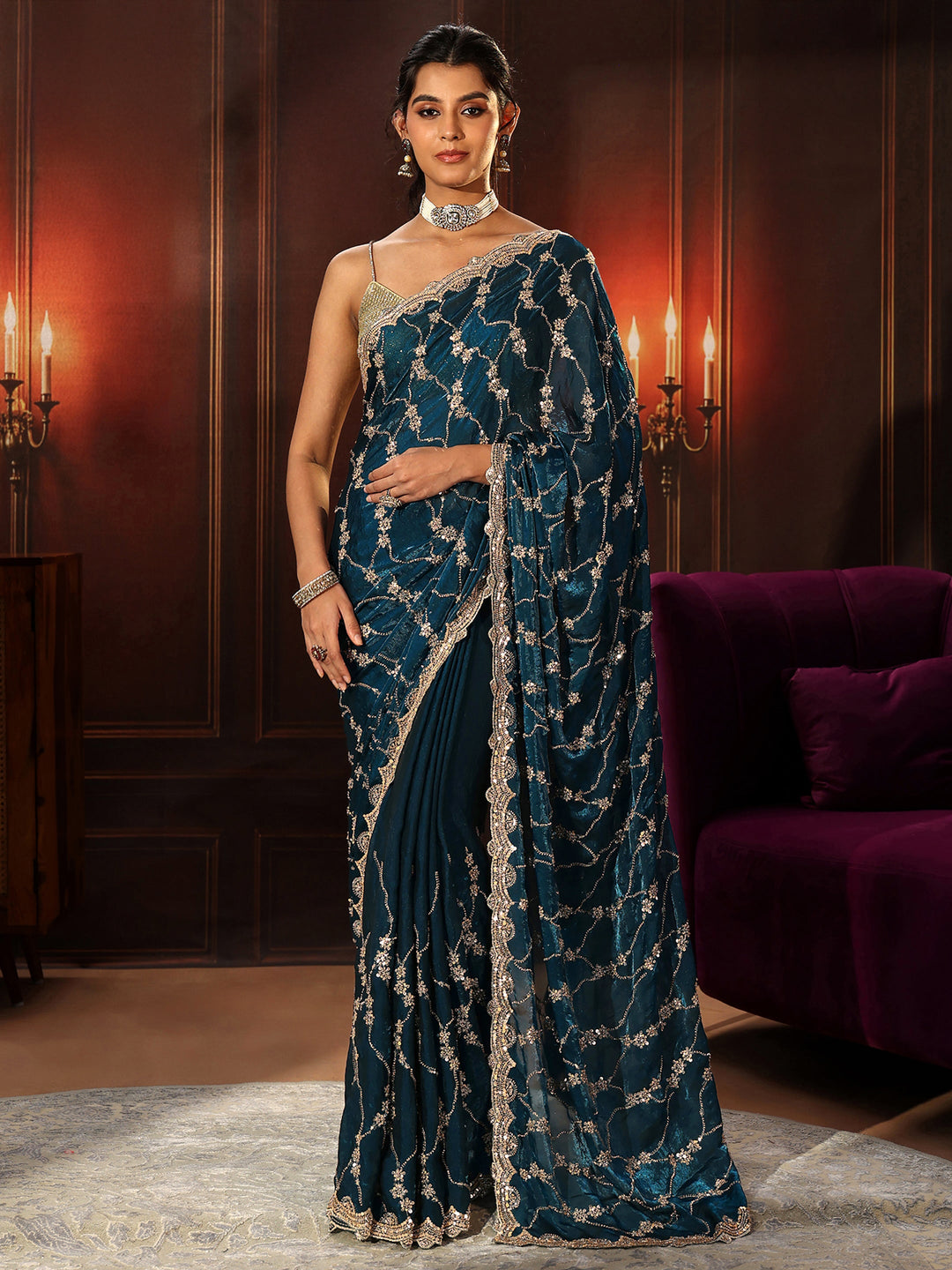Libas Art Teal Blue Embellished Tissue Saree