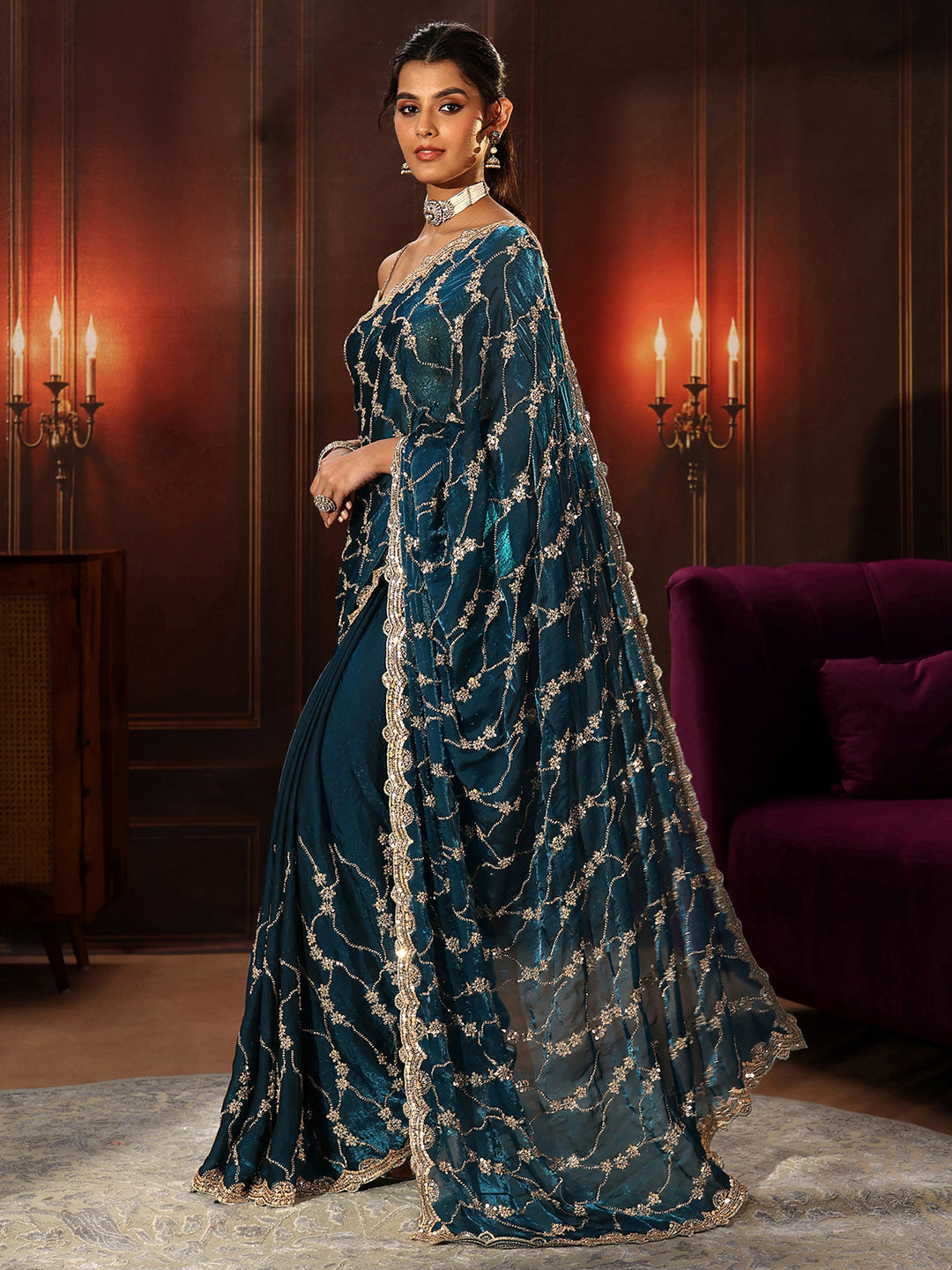 Libas Art Teal Blue Embellished Tissue Saree