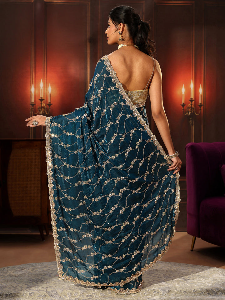 Libas Art Teal Blue Embellished Tissue Saree