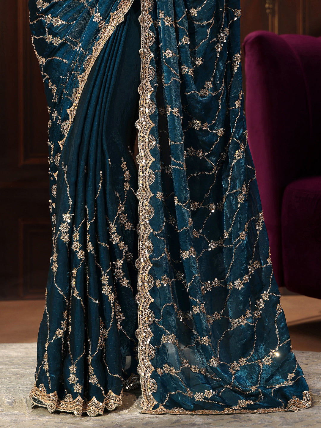 Libas Art Teal Blue Embellished Tissue Saree
