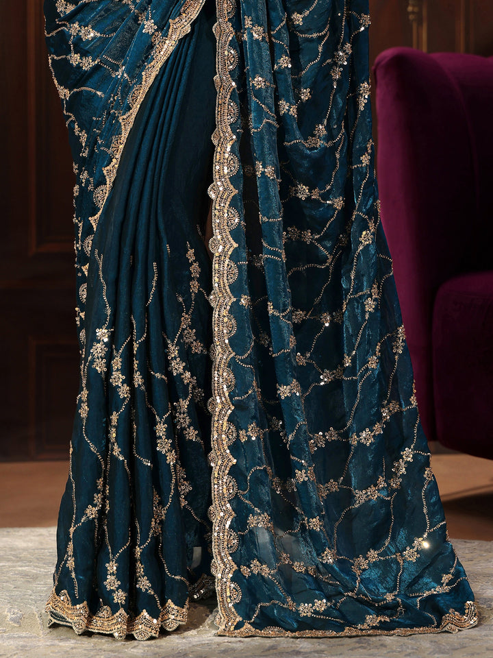 Libas Art Teal Blue Embellished Tissue Saree
