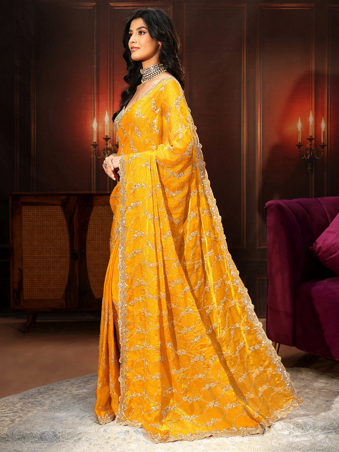 Libas Art Mustard Embellished Tissue Saree